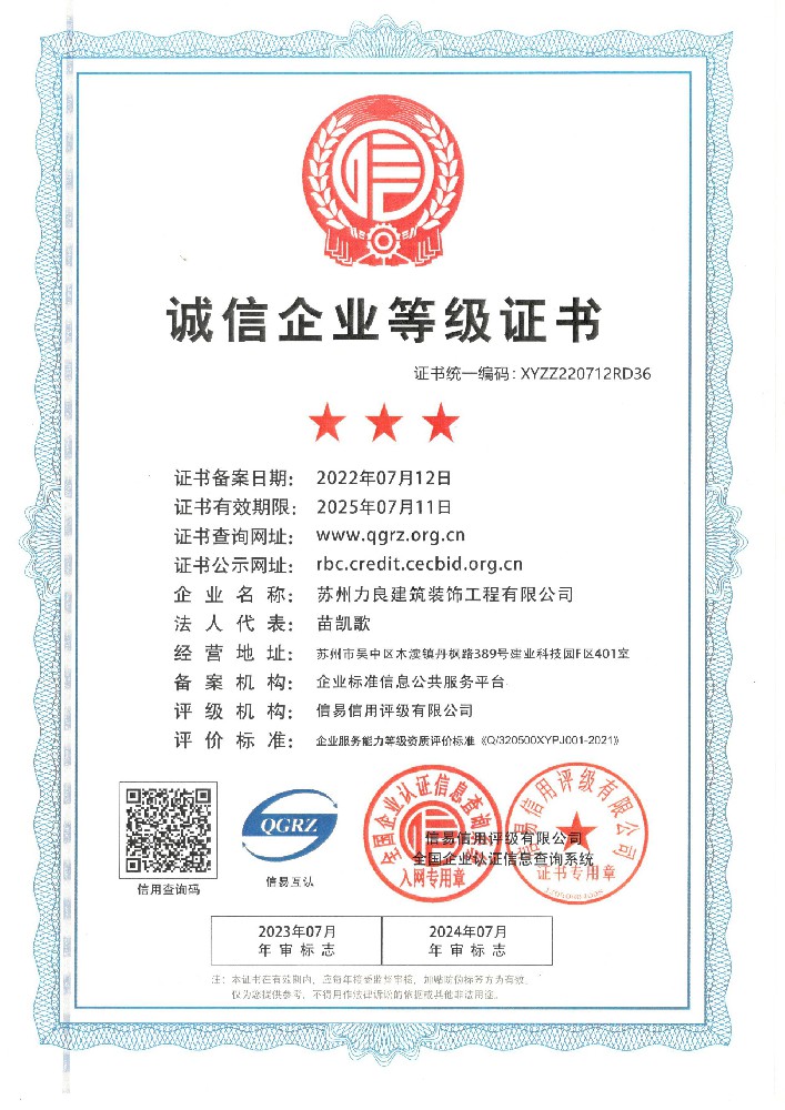 诚信企业等级证书